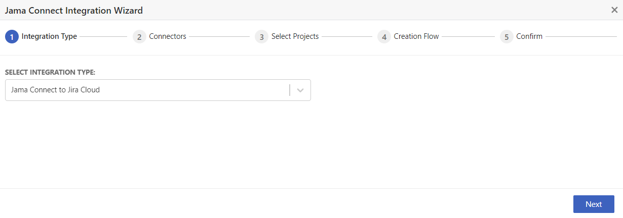 The Integration Type page of the Jama Connect Integration Wizard includes one setting, Select Integration Type, where you select a type from the drop-down list.