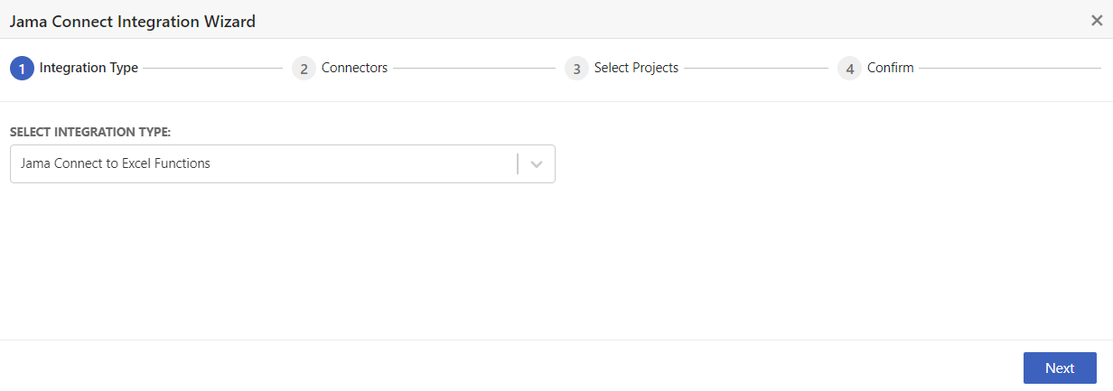 The Integration Type page of the Jama Connect Integration Wizard includes one setting, Select Integration Type, where you select a type from the drop-down list.
