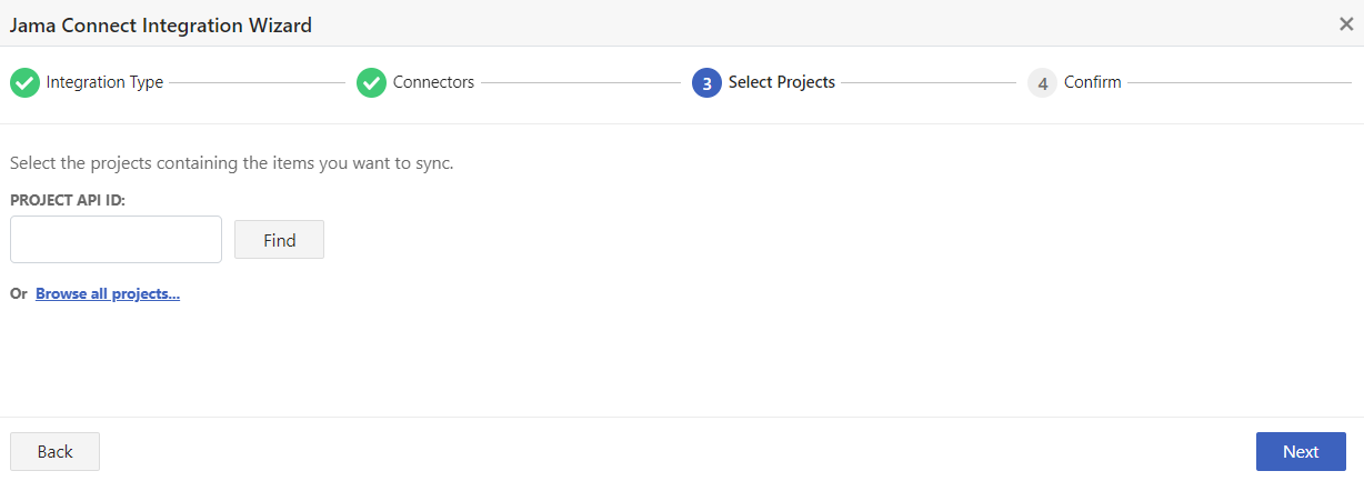 The Select Projects page of the Jama Connect Integration Wizard includes a field, Project API ID (Find) and a link to browse all projects.