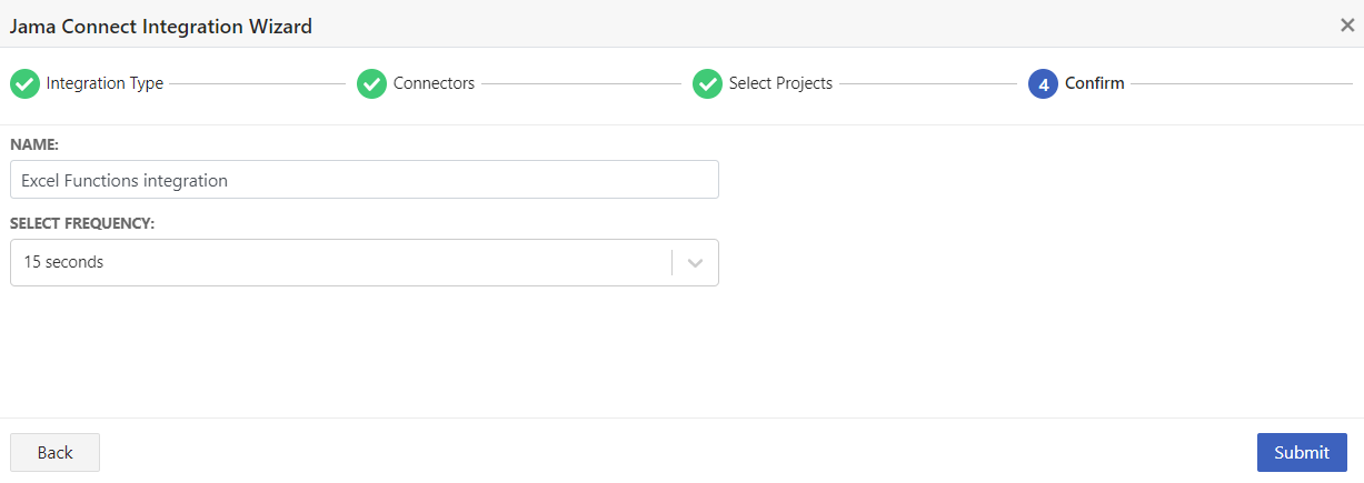 The Confirm page of the Jama Connect Integration Wizard displays the setting and options, Name and Frequency, and a Submit button.