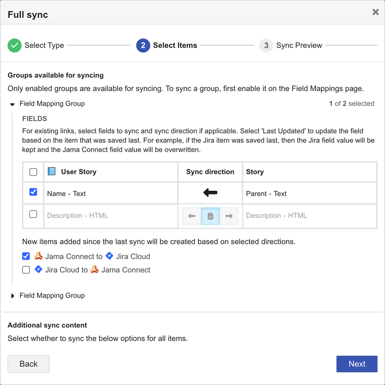 The Full Sync page in the integrations wizard includes options for defining the full sync.