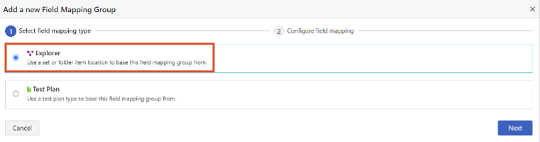On the Add a new Field Mapping Group page, the Explorer option is selected and highlighted.
