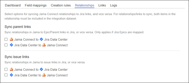 The Relationships tab displays options for Sync parent links and Sync issue links.