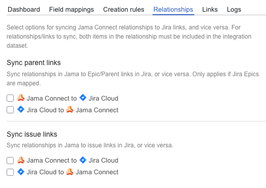 The Relationships tab displays options for Sync parent links and Sync issue links.