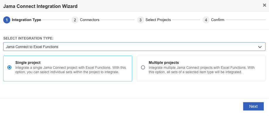 The Integration Type page of the Jama Connect Integration Wizard includes one setting, Select Integration Type, where you select a type from the drop-down list.