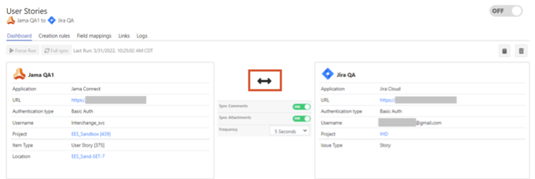The bidirectional sync arrows icon is highlighted on the Integration dashboard.
