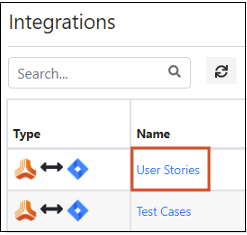 The Integrations page displays a search string and a 2-column table (Type and Name), with User Stories highlighted.