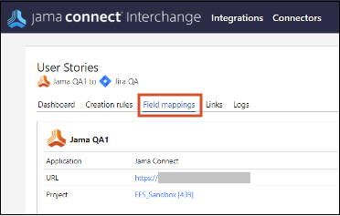 The Field mappings tab is highlighted on the Jama to Jira integration page.