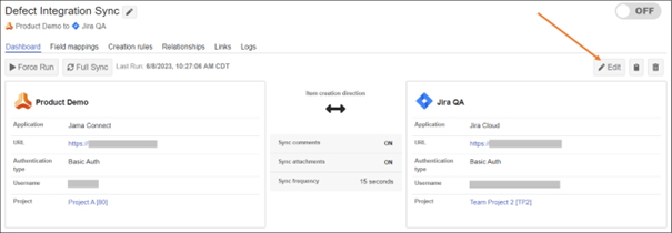 The Edit button is highlighted on the integration dashboard.