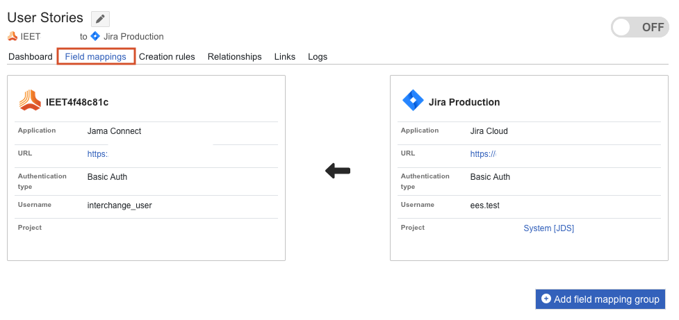The Field mappings tab is highlighted on the Jama to Jira integration page.