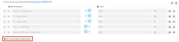 The drop-down lists in each row of the Field Mappings page let you map fields and cells between Jama Connect and Excel; the Add new associated mapping group option is highlighted.