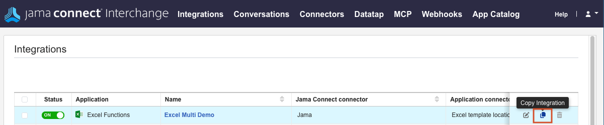 The Copy Integrations icon is highlighted on the Integrations page.