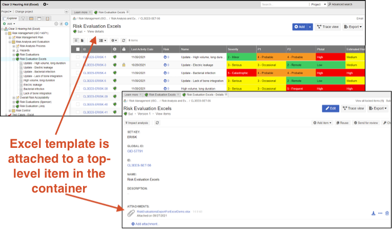 The diagram includes the Jama Connect UI and the Excel template with arrows indicating the Excel template is attached to the top-level item in the Jama Connect container.