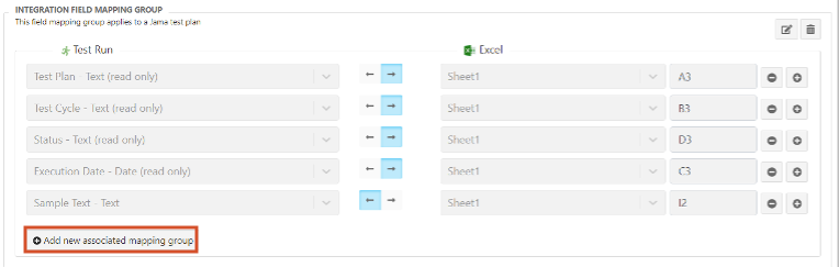 The drop-down lists in each row let you map fields and cells between Jama Connect and Excel. The Add new associated mapping group option is highlighted.
