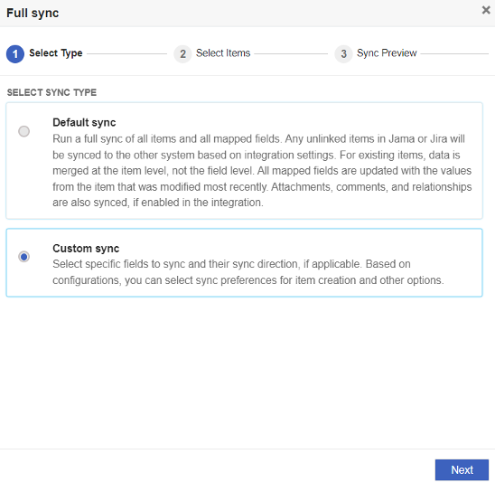 The Select Type page of the Integration Wizard includes two options, Default sync and Custom sync, which is selected.