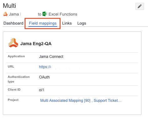 The Field mappings tab is highlighted on the Jama to Excel Functions integration page.