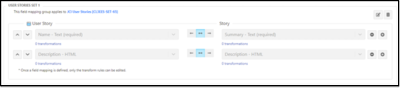 The example User Stories Set page displays rows with two columns for mapping fields between Jama Connect and Jira.