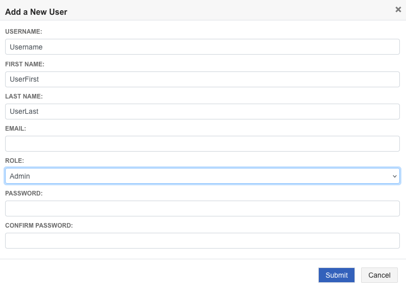 The Add a New User window includes the fields for defining a user, with the ROLE field highlighted.