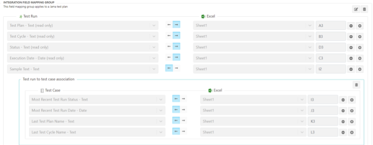 The drop-down lists in each row let you map fields and cells between Jama Connect and Excel.