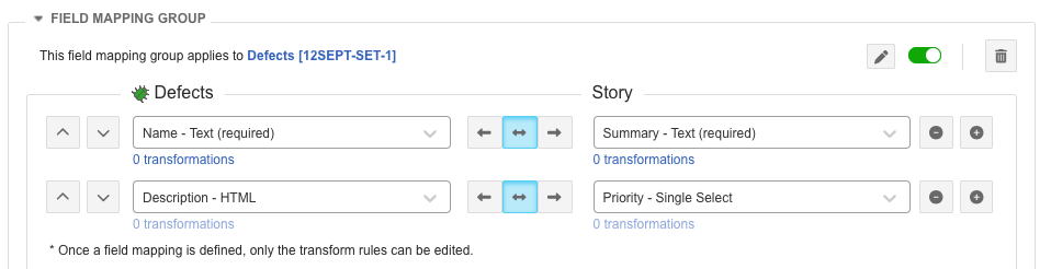 The example User Stories Set page displays rows with two columns for mapping fields between Jama Connect and Jira.