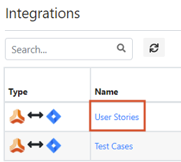 The Integrations page displays a search string and a 2-column table (Type and Name), with User Stories highlighted.