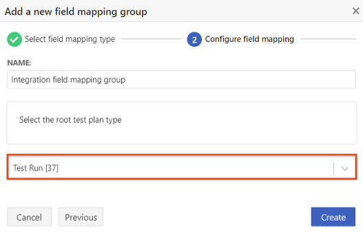 The Add a new field mapping group page includes fields for name and a highlighted dropdown list where you select the test item type to map.