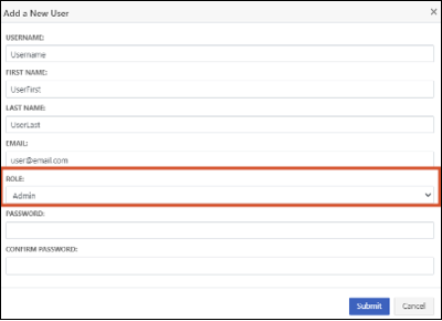 The Add a New User window includes the fields for defining a user, with the ROLE field highlighted.