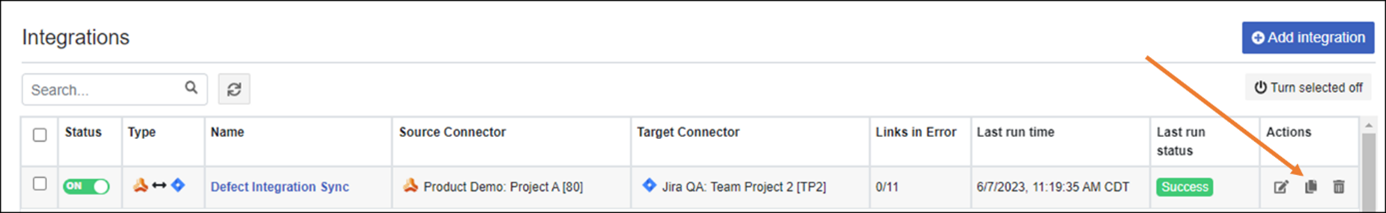 The Copy Integrations icon is highlighted on the Integrations page.