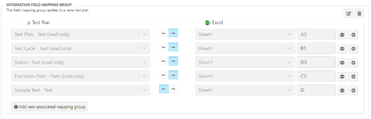 The drop-down lists in each row let you map fields and cells between Jama Connect and Excel.