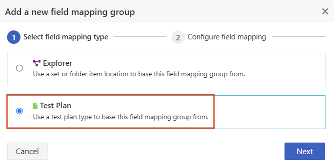 On the Add a new Field Mapping Group page, the Test Plan option is selected and highlighted.