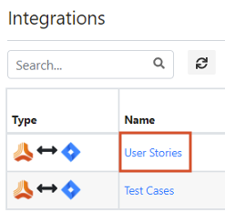 The Integrations page displays a search string and a 2-column table (Type and Name), with User Stories highlighted.