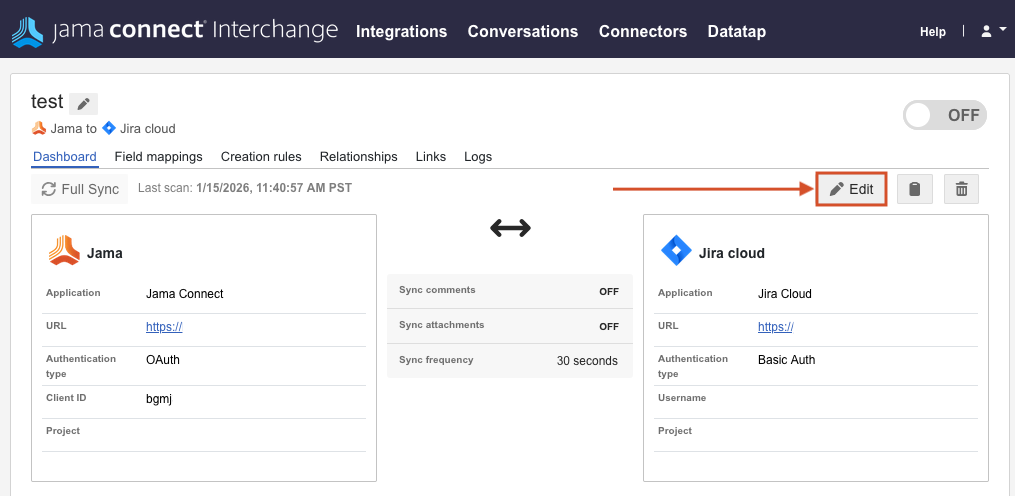 The Edit button is highlighted on the integration dashboard.