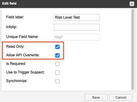 The Edit field window includes fields for label, infotip, and unique name, as well as three options, two of which are selected.