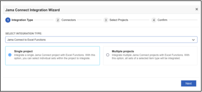 The Integration Type page of the Jama Connect Integration Wizard includes one setting, Select Integration Type, where you select a type from the drop-down list.