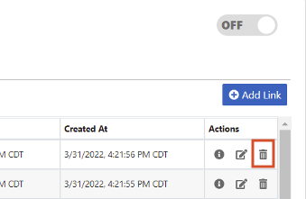 On the Links page, the Delete icon is highlighted for an item's link.
