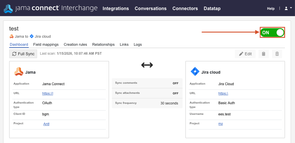 The ON/OFF toggle on the Integrations dashboard is set to ON.