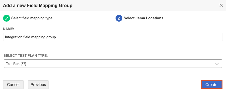 The Add a new field mapping group page includes fields for name and a highlighted dropdown list where you select the test item type to map.