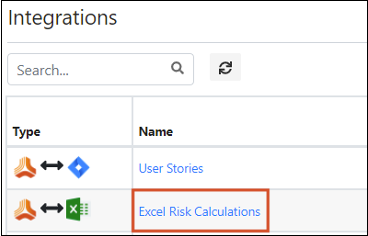 The Integrations page displays a search string and a 2-column table (Type and Name), with Excel Risk Calculations highlighted.