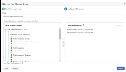 The Add a new Field Mapping Group page includes a Name field and two columns, Location Selector and Selected Locations, where you select sets/folders you want to sync.