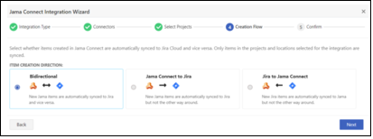 The Creation Flow page of the Jama Connect Integration Wizard includes three exclusive options, Bidirectional, Jama Connect to Jira, and Jira to Jama Connect.