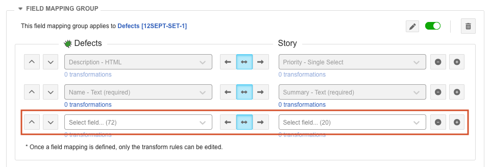The Field Mappings tab displays two columns and multiple rows, one of which is highlighted.