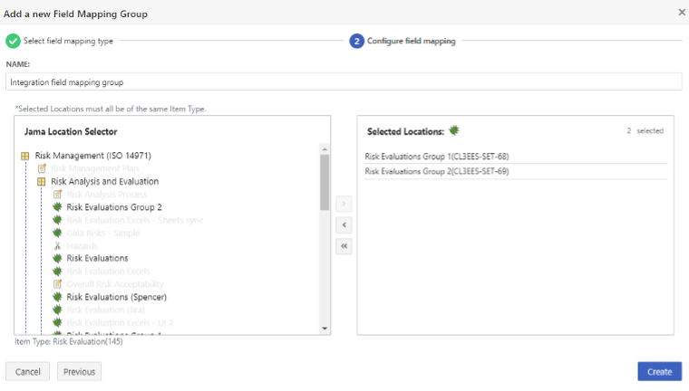 The Add a new Field Mapping Group page includes a Name field and two columns, Location Selector and Selected Locations, where you select sets/folders you want to sync.