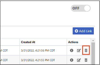 On the Links page, the Delete icon is highlighted for an item's link.