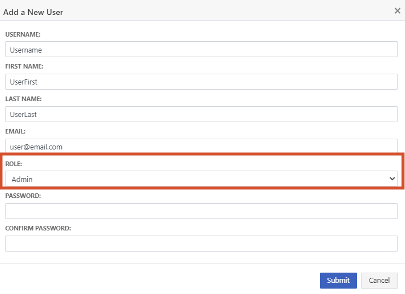 The Add a New User window includes the fields for defining a user, with the ROLE field highlighted.