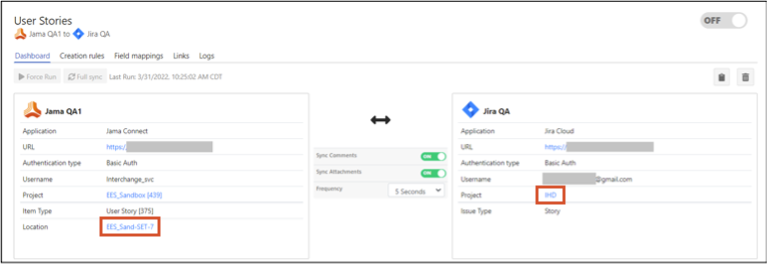 On the Integration dashboard, the Jama Connect location is highlighted in the Jama Connect column and the Jira project is highlighted in the Jira column.